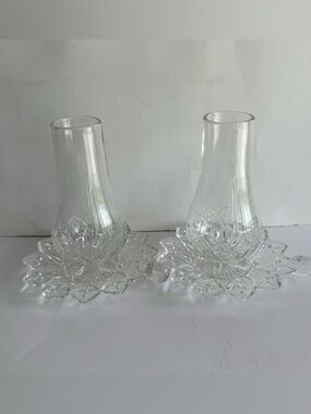 Vintage Federal Glass Hurricane Candle Holders Pair  + 2 matching dishes